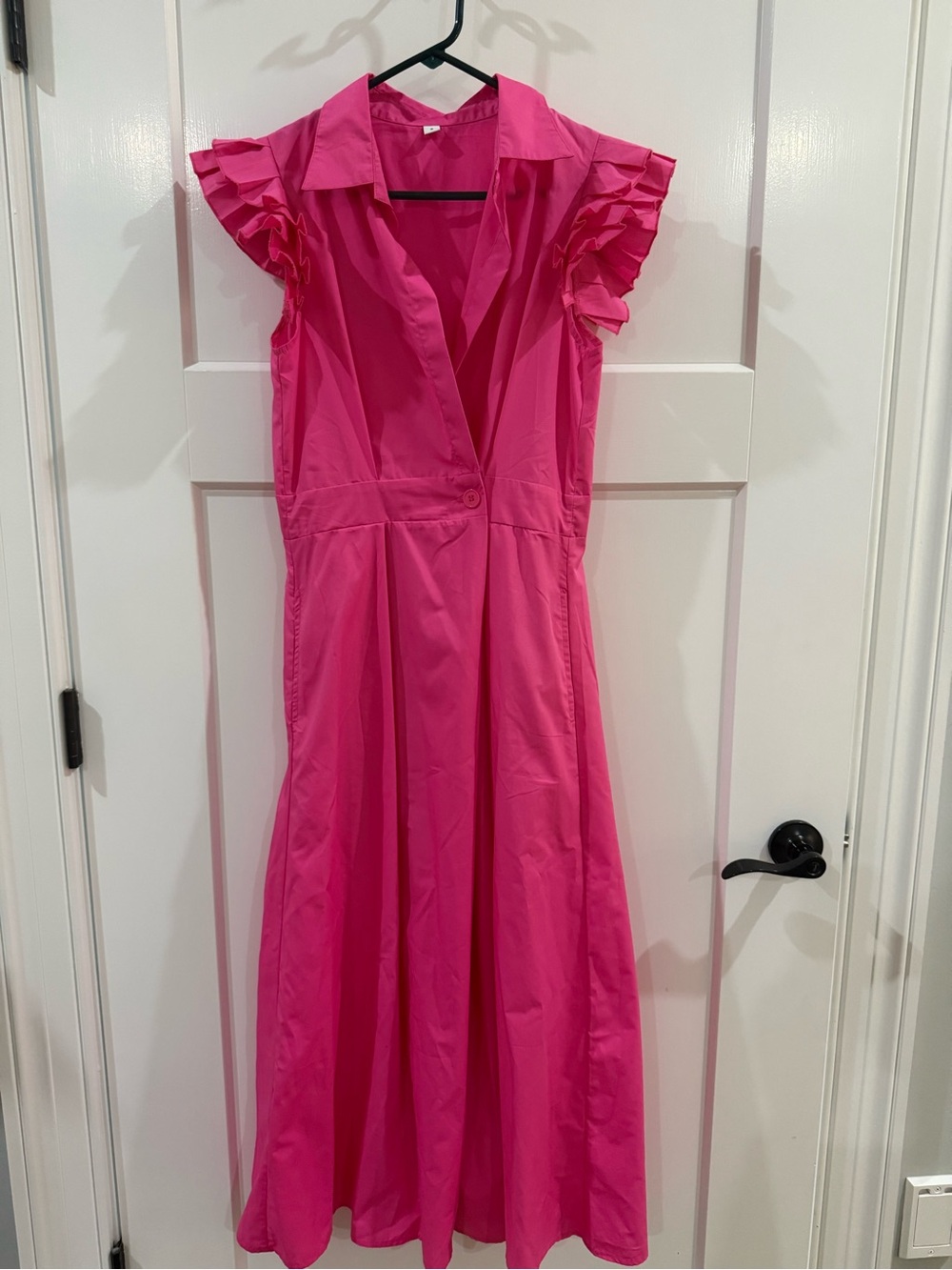 Bright Pink Ruffle Sleeve Midi Dress